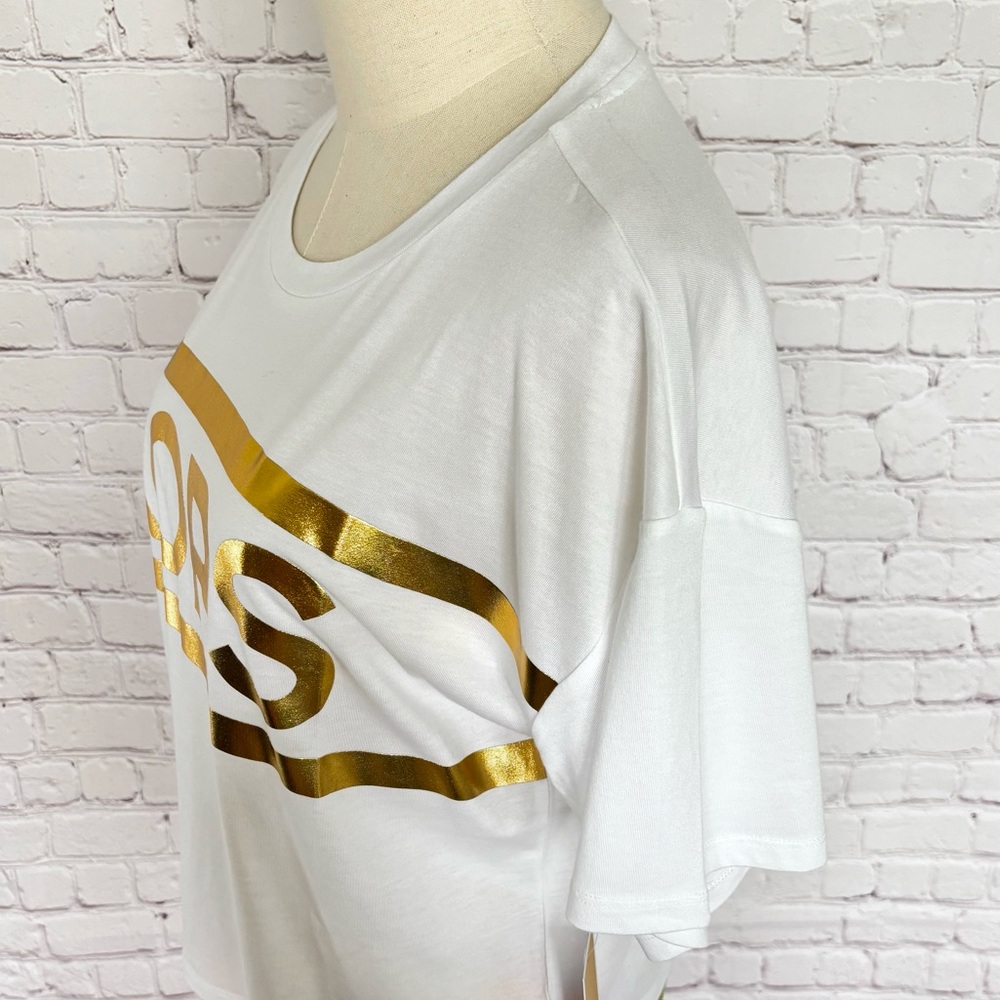 MICHAEL KORS White Gold Foil Cropped Short Sleeve Logo T-Shirt--NWT--S - Picture 4 of 15